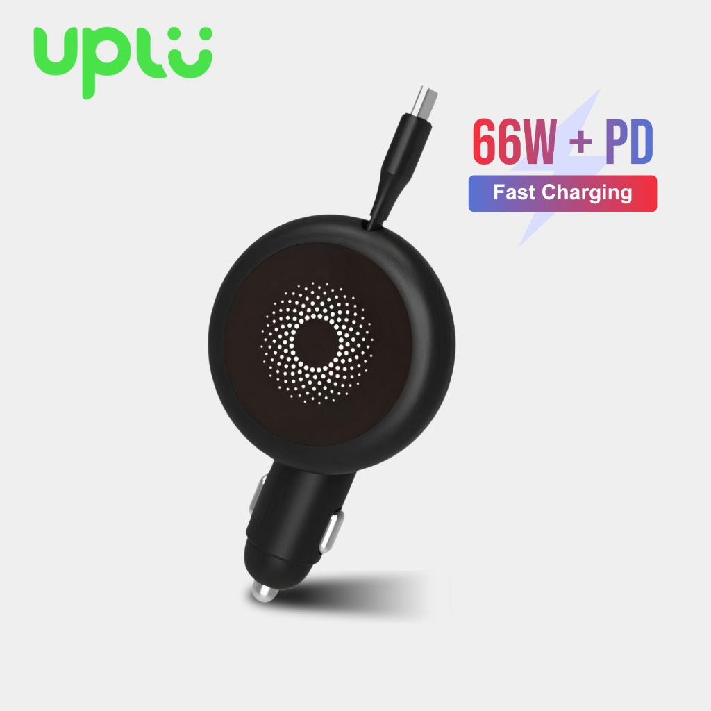 UPLU Car Charger 3 In 1 Retractable Cable PD 66W Charger Mobil Fast Charging