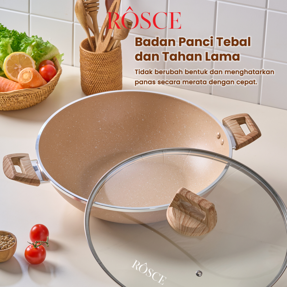 BESTPROMO ROSCE WOKY 24CM panci wok wajan tebal tutup kaca kuali granit anti lengket INDUCTION