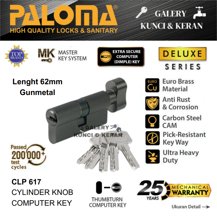 PALOMA CLP 617 KNOB CYLINDER DELUXE KC-CK 62MM Computer Key Gunmetal