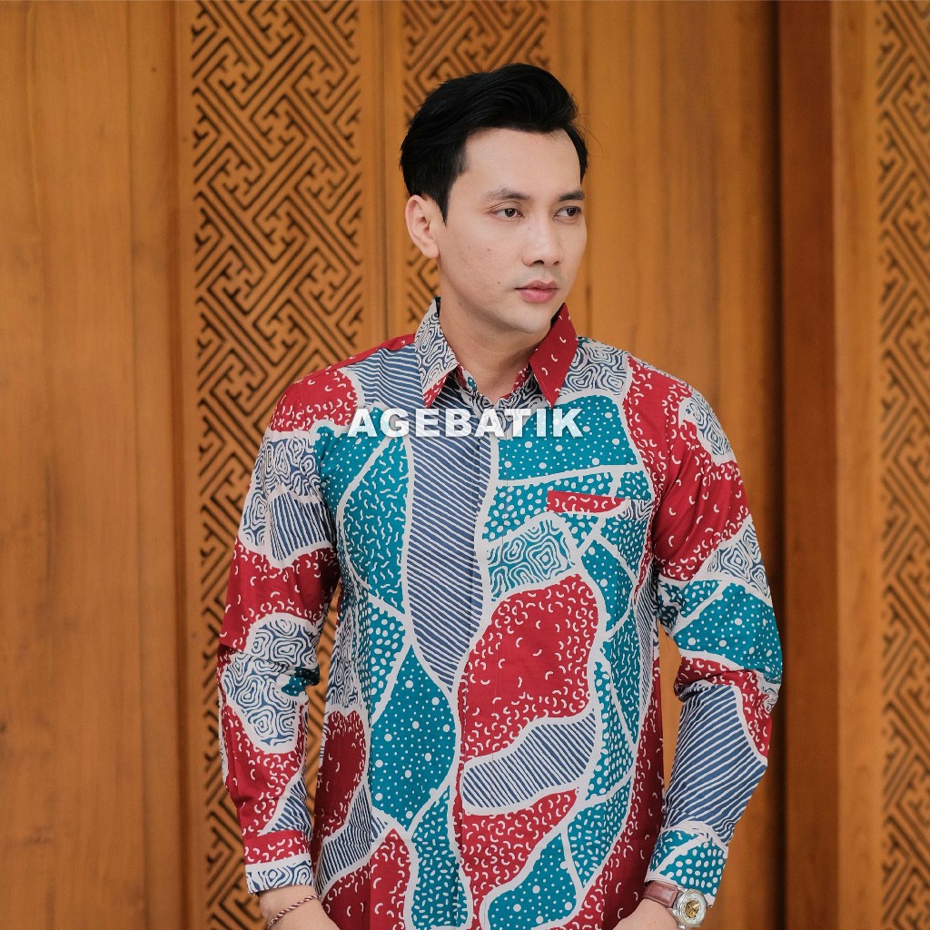 AGEBATIK AGE115  - Kemeja Batik Pria - Lengan Panjang Pendek - Slim Fit - Motif Garis Titik - Katun 