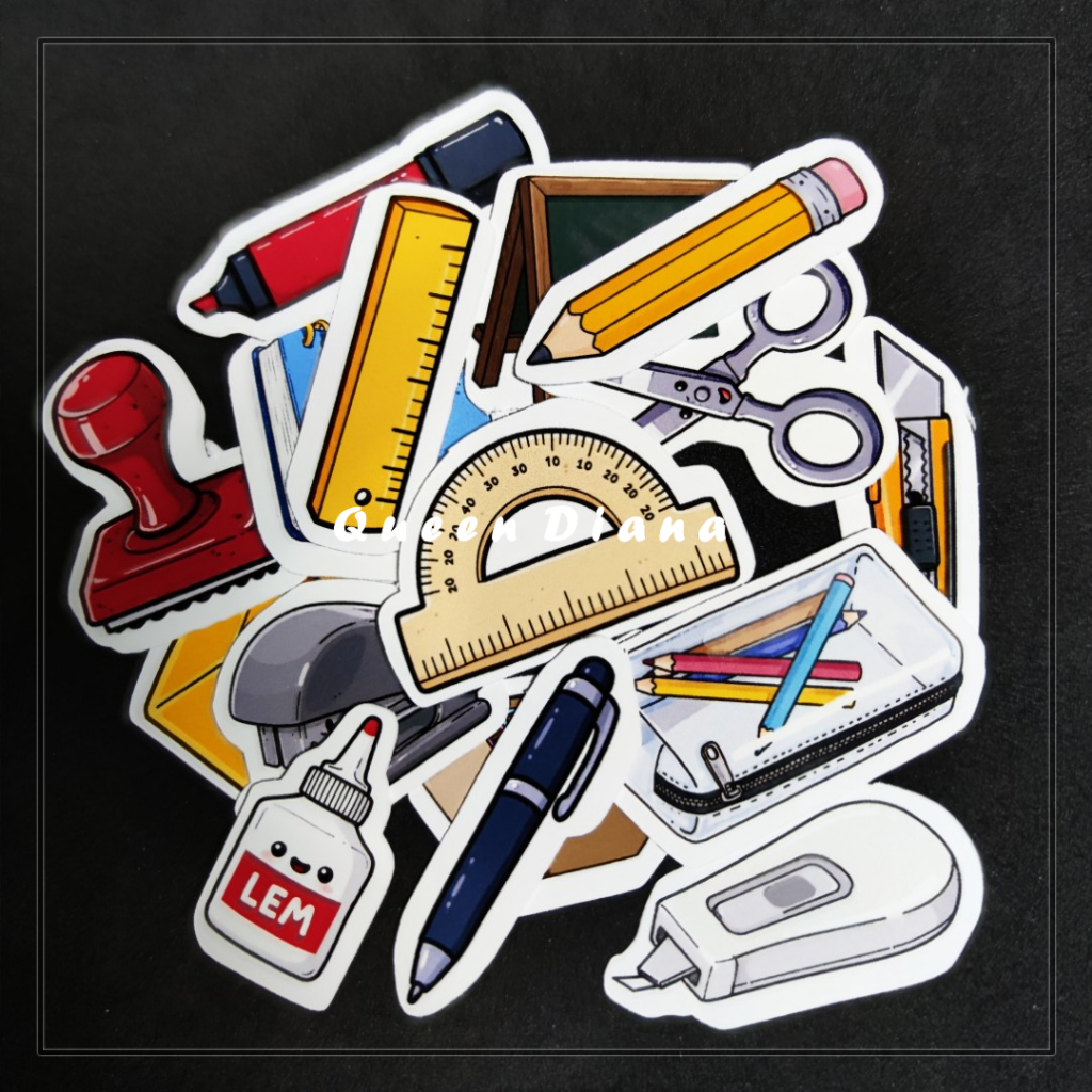

stiker alat tulis stiker kertas glossy gambar macam-macam alat tulis unik isi 16 pcs