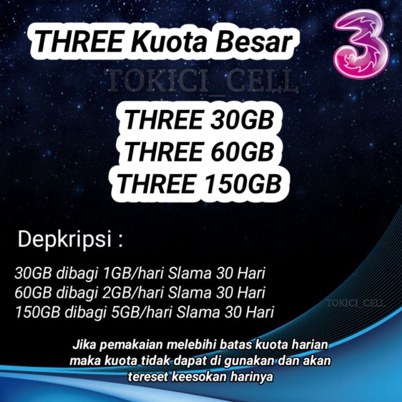 Paket Internet Tri/3 Data besar Termurah 150GB , 60GB , 30GB All Jaringan