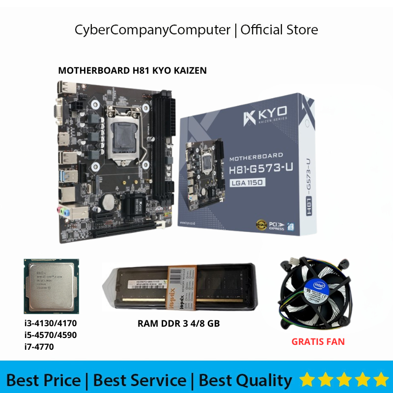Paket Motherboard H81 KYO Socket LGA 1150 DDR3 Gen4/5 Processor Intel i3-4150/i5-4570/i7-4770 Suppor