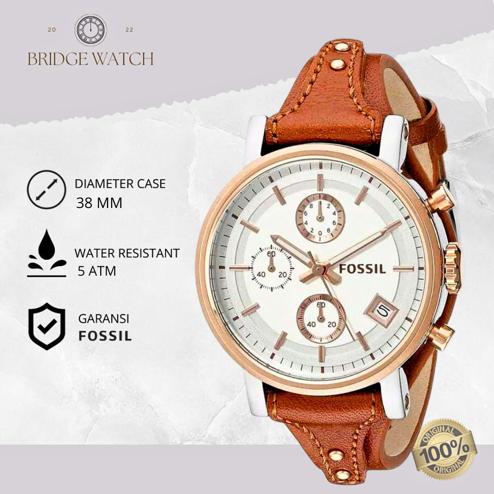 Jam Tangan Wanita Fossil Boyfriend ES3837 Original Analog Brown Leather Strap Kulit Cewek Casual Lux