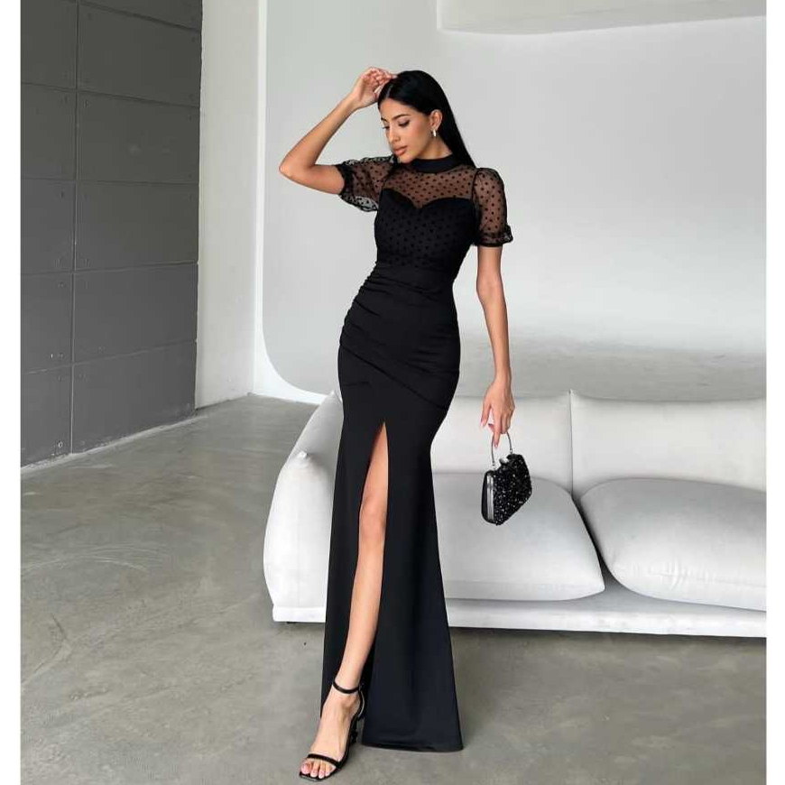 LooWear Long Dress Pesta Bodycon Duyung Lengan Pendek Tile Polkadot Premium Koleksi Butik