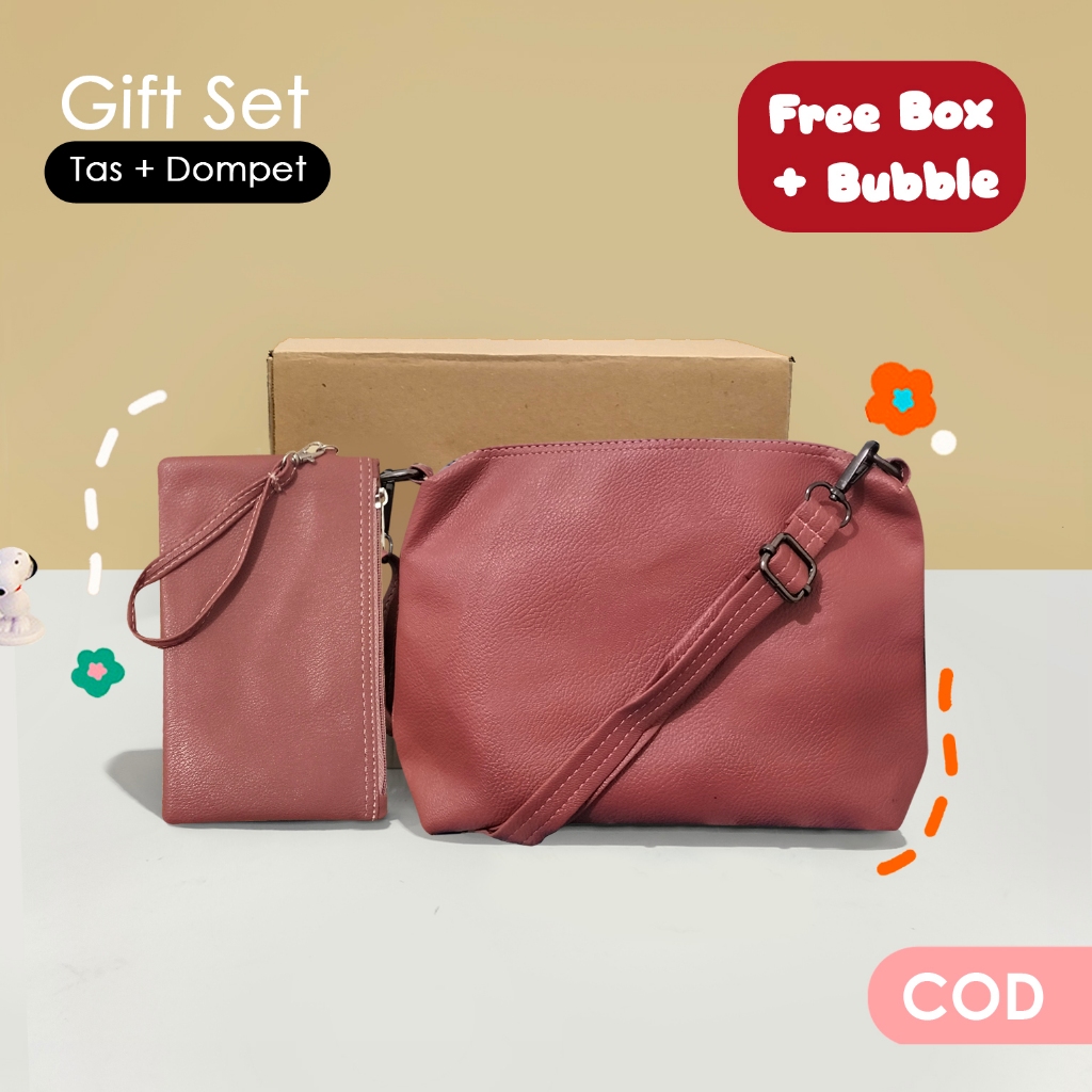 Paket tas wanita dan dompet paket sling bag dan wallet cewek tempat hp dan uang polos kulit sintetis