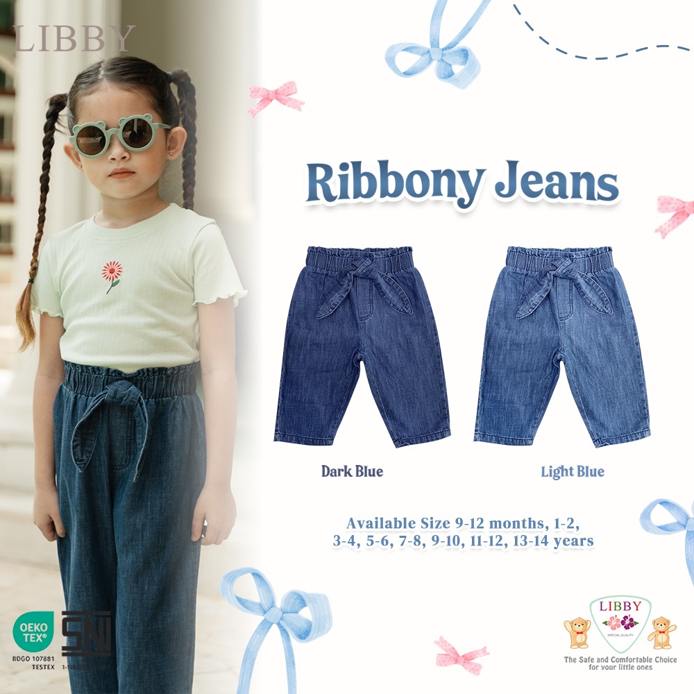 LIBBY Celana Panjang Jeans Polos Pita Bayi & Anak Perempuan Ribbony Jeans Usia 9 Bulan - 14 Tahun (1