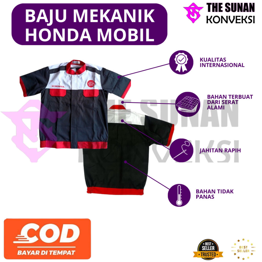 Baju Mekanik Honda Mobil New / Wearpack Honda Mobil / Wearpack Honda Merah Hitam/ Wearpack Bengkel