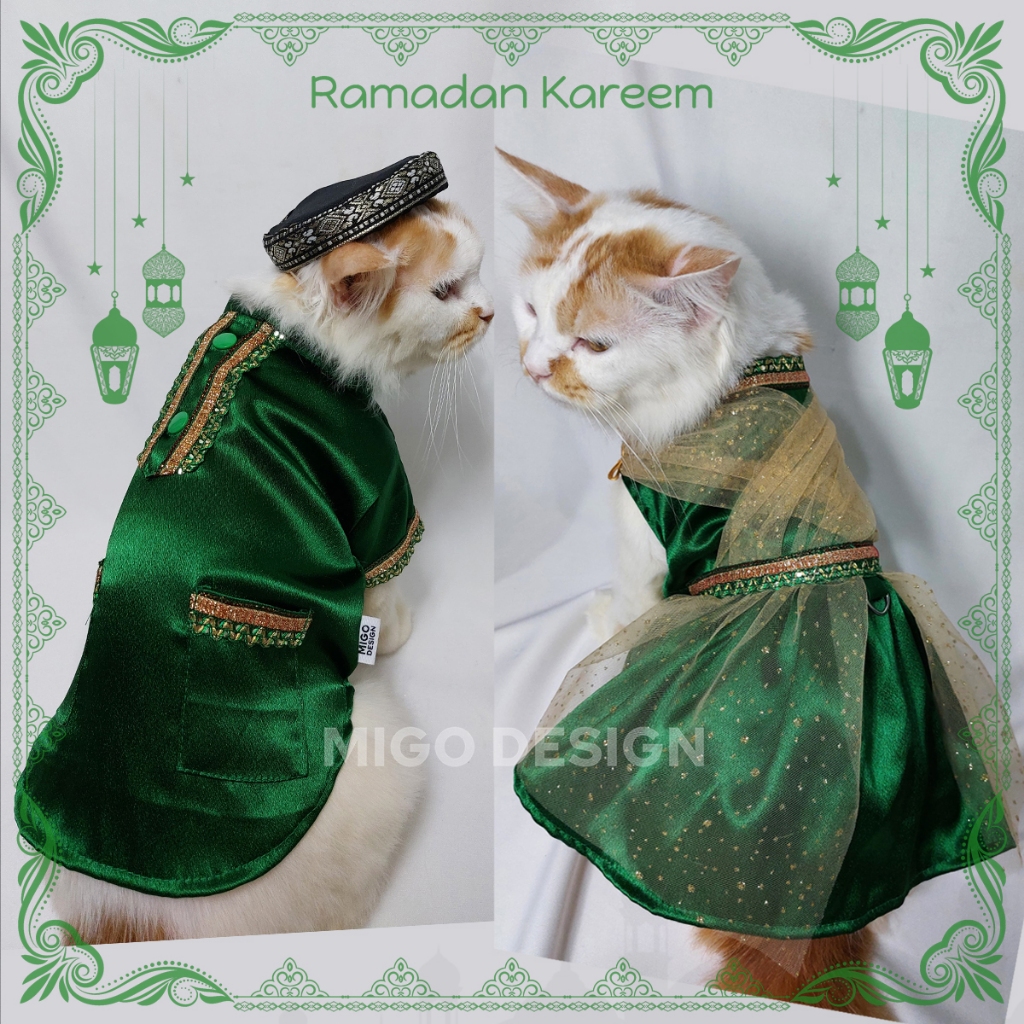 |Migo Design 105| Couple Baju Dress Gamis Kemeja Koko Hijau Botol Kucing/ Anjing Lebaran Ramadan / P