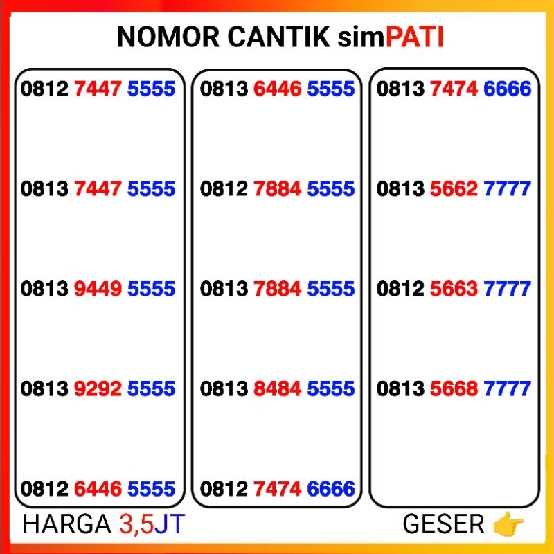 Nomor Cantik simpati kwarted 1111 , 2222 , 3333 , 4444 , 5555 , 6666 ,7777