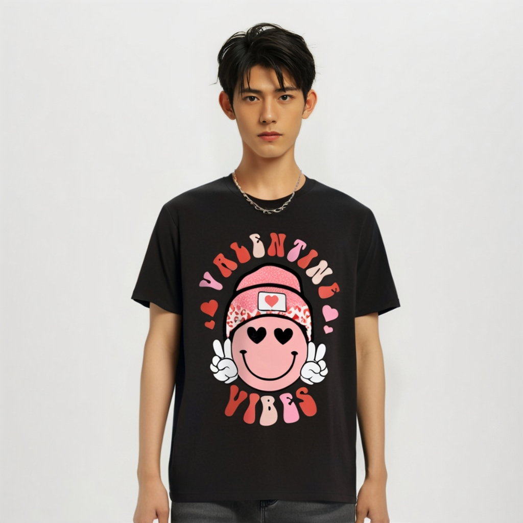 kaoswarna丨T-Shirt丨Boxy Fit丨Kaos Hari Valentine Groovy Valentine Vibes untuk Anak Laki-laki dan Perem