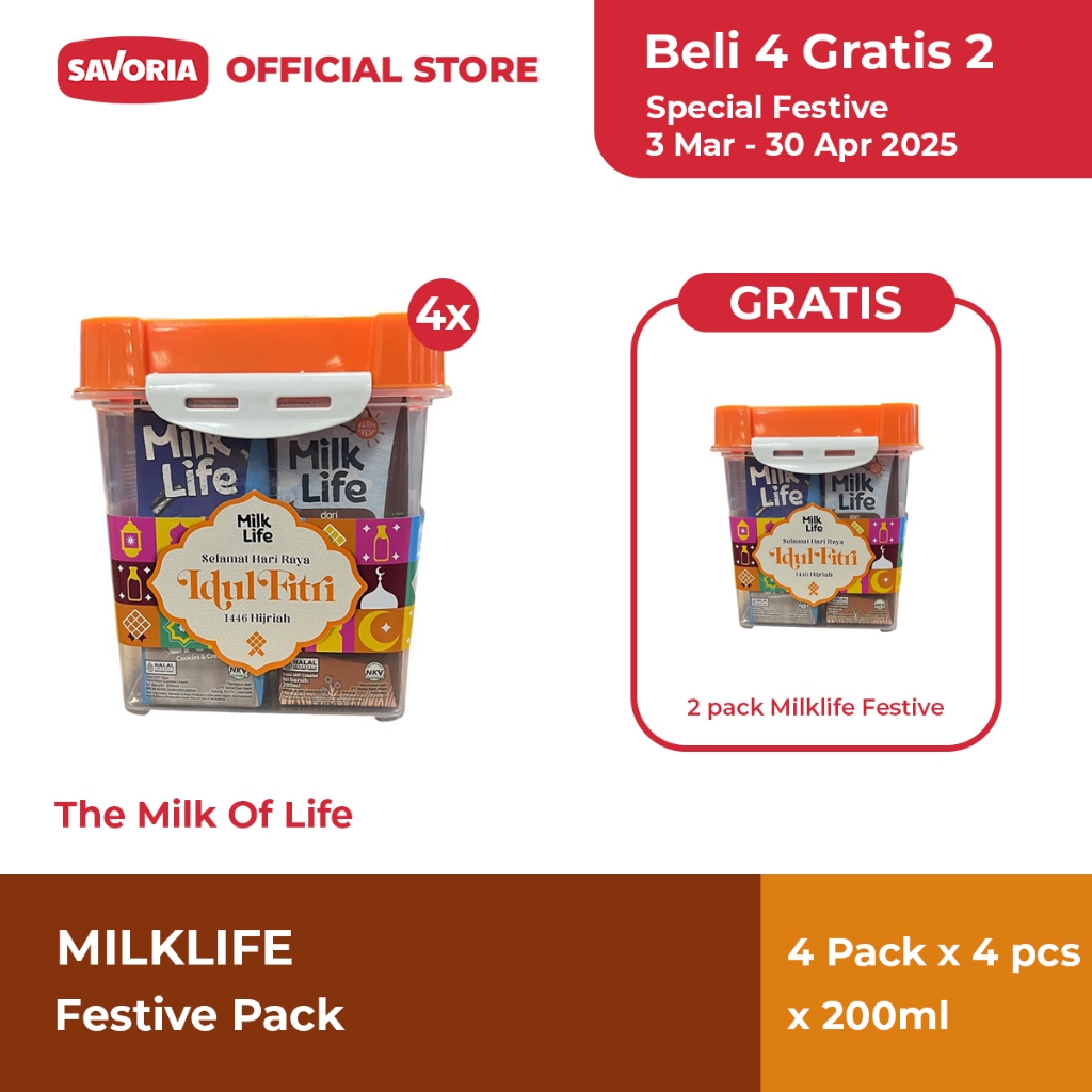 

MilkLife UHT Festive Pack Beli 4 Gratis 2 isi 4 Pcs x200ml + Container