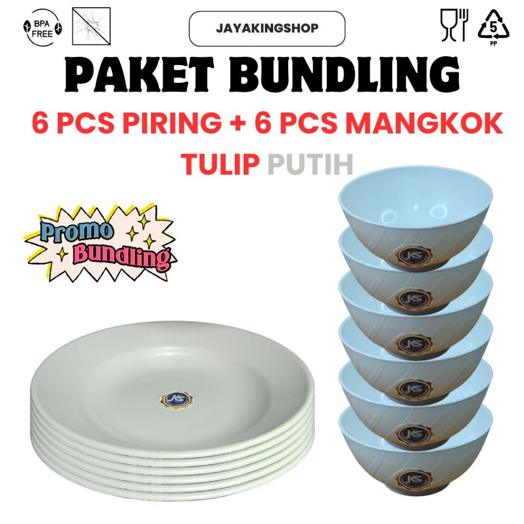 PAKET BUNDLING ISI 12 PCS (1 LUSIN) 6 PCS PIRING PLASTIK JKS PUTIH+ 6 PCS MANGKOK  TULIP PUTIH