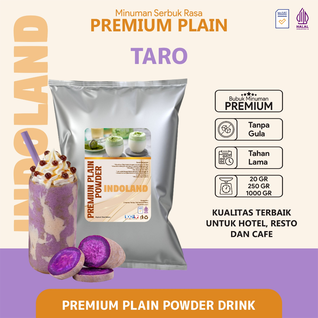 

Bubuk Minuman Plain Premium Tanpa Gula Rasa Taro Plain Powder Drink No Sugar Taro Indoland 250 gram / 1 kg