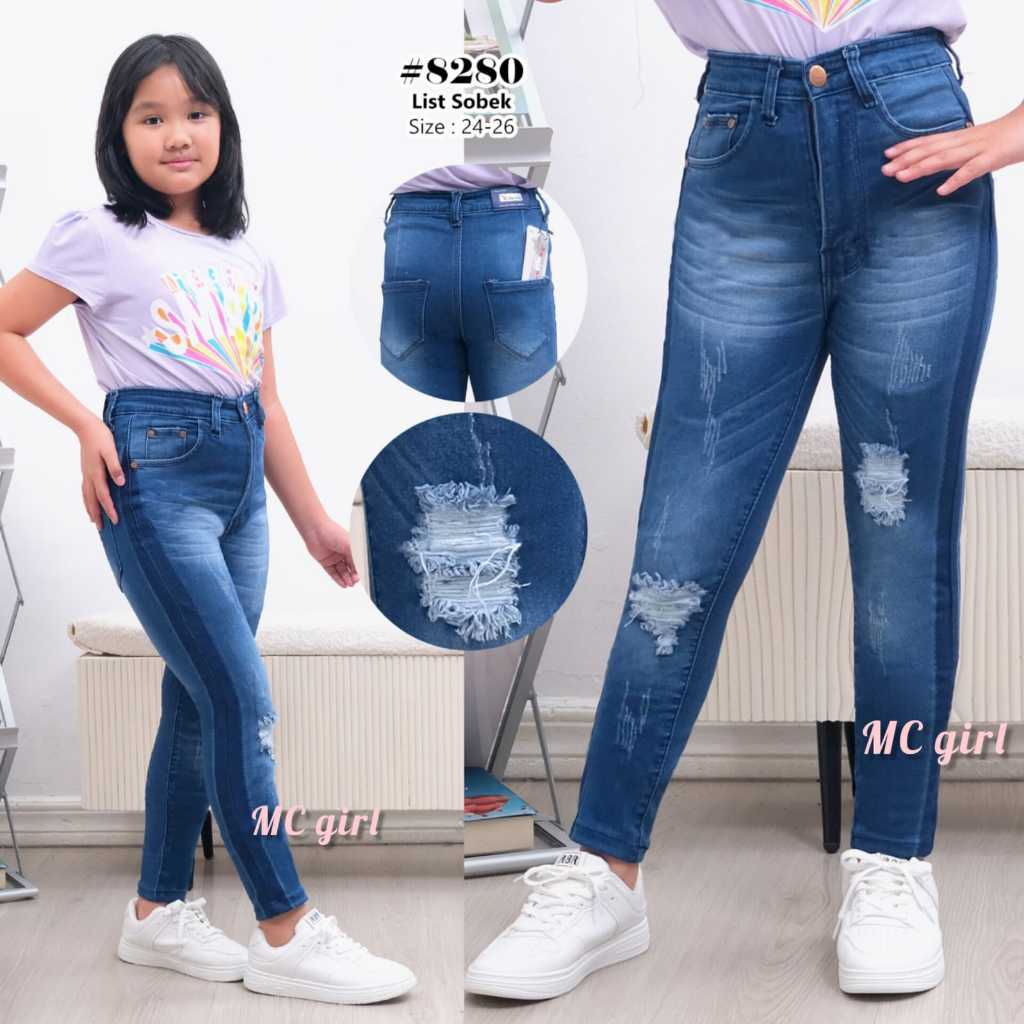 ( Size 24 - 26 ) MC girl - Celana Jeans Highwaist List Samping Sobek Ada Lapis Anak Perempuan / High