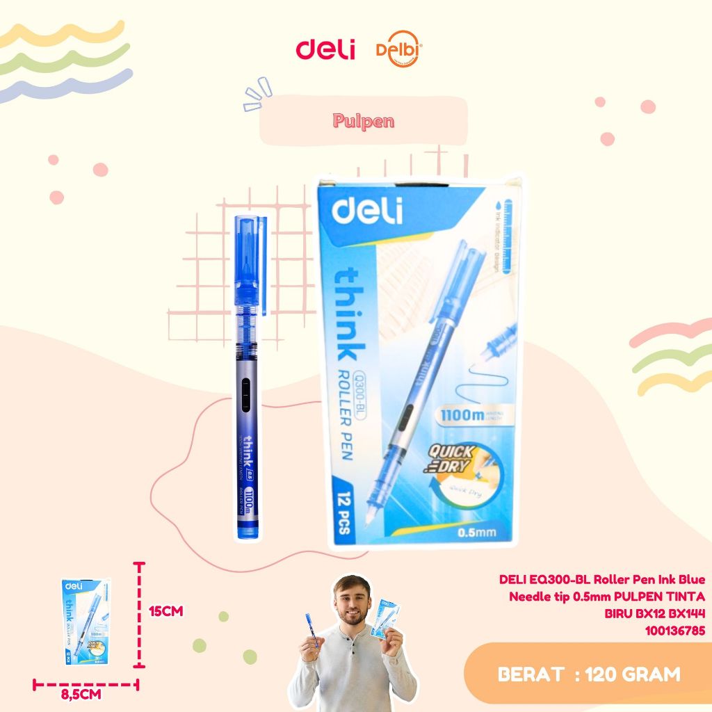 

DELI EQ300-BL Roller Pen Ink Blue Needle tip 0.5mm PULPEN TINTA BIRU