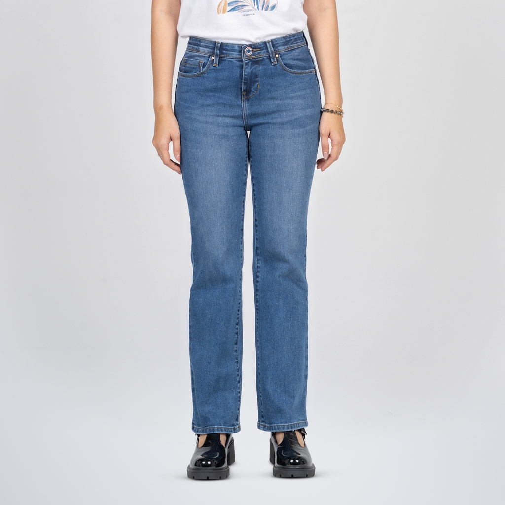 C2 Zoviel Blue Dual Push Bootcut Highwaist Jeans Wanita