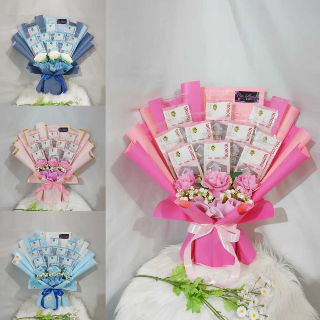 Buket Uang slot 10 Lembar + Bunga Artificial Pecahan 50rb/100rb (Size Medium to Large)