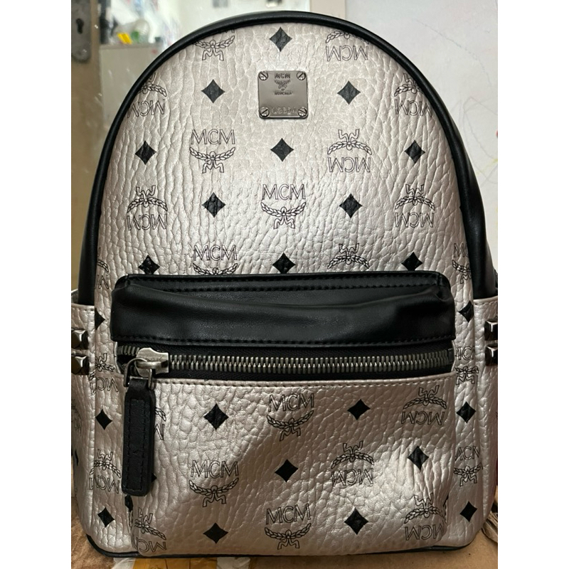 Backpack MCM Silver Visetos Stark Leather Backpack Black Silver