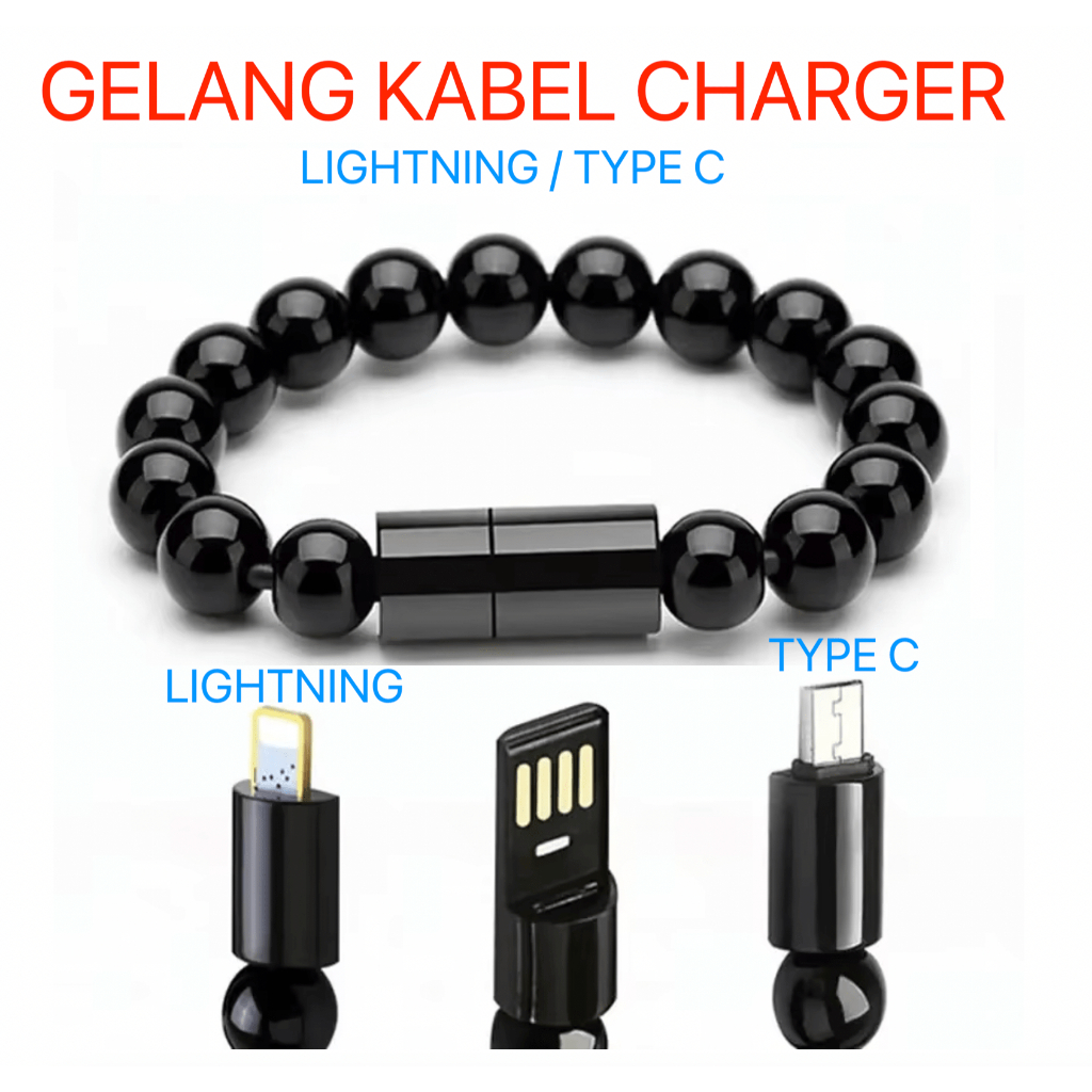 USB Bead Bracelet Cable Wearable USB C LIGHTNING Charging for iphone Android | Gelang kabel charger 