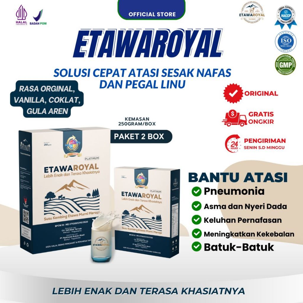 

(Kemasan box) [Etawaroyal] - Perubahan merk Etawaplus Platinum Asli Susu Kambing Etawa Rasa Cokelat Untuk Kesehatan Paru - Paru, Ashma, Sesak Nafas, Nyeri Sendi 2 Box