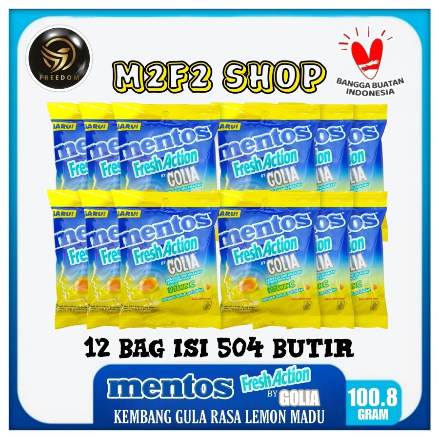 

Mentos Fresh Action By Golia Candy Bag | Permen Kembang Gula Rasa Lemon Madu - 100,8 gr (Kemasan 12 Pcs)