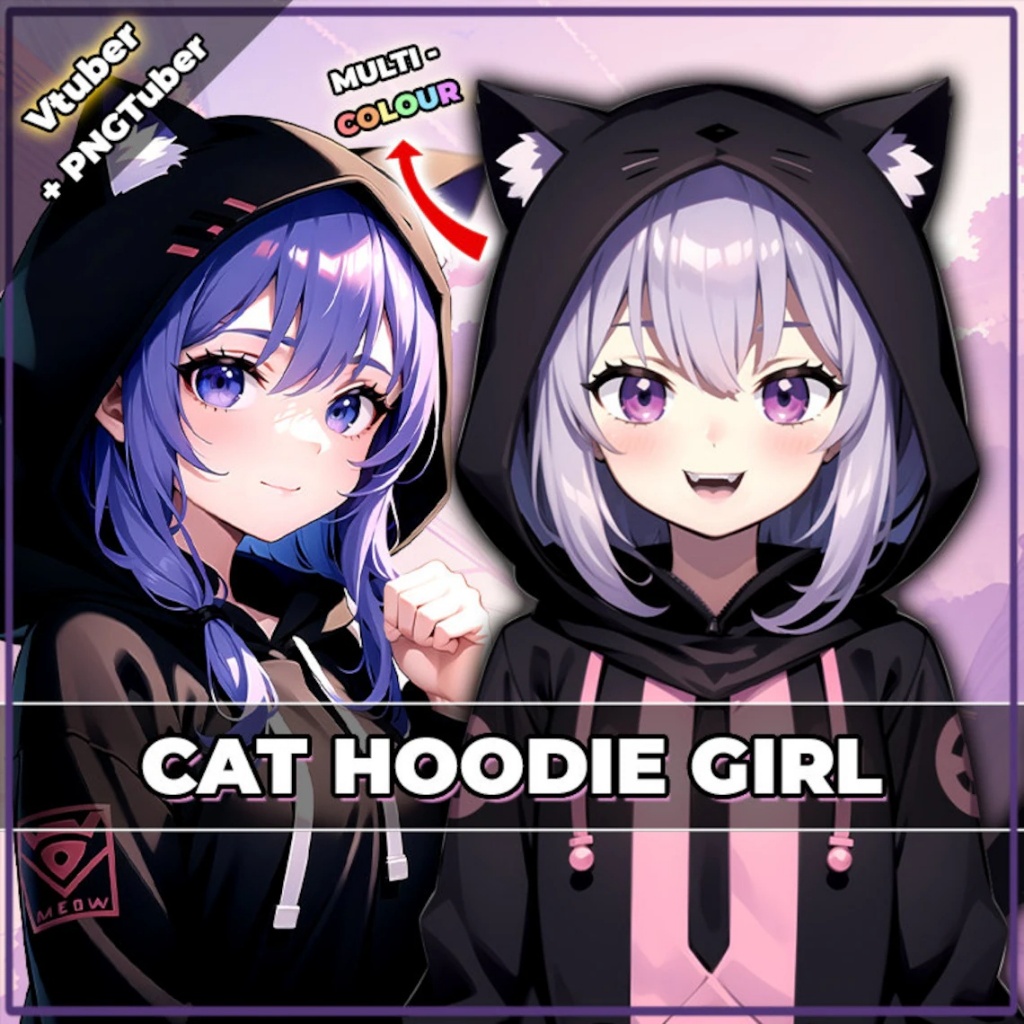 Vtuber / Live2d (Premade & Siap Pakai) - Purple Cat Hoodie Girl Vtuber & PngTuber Pack