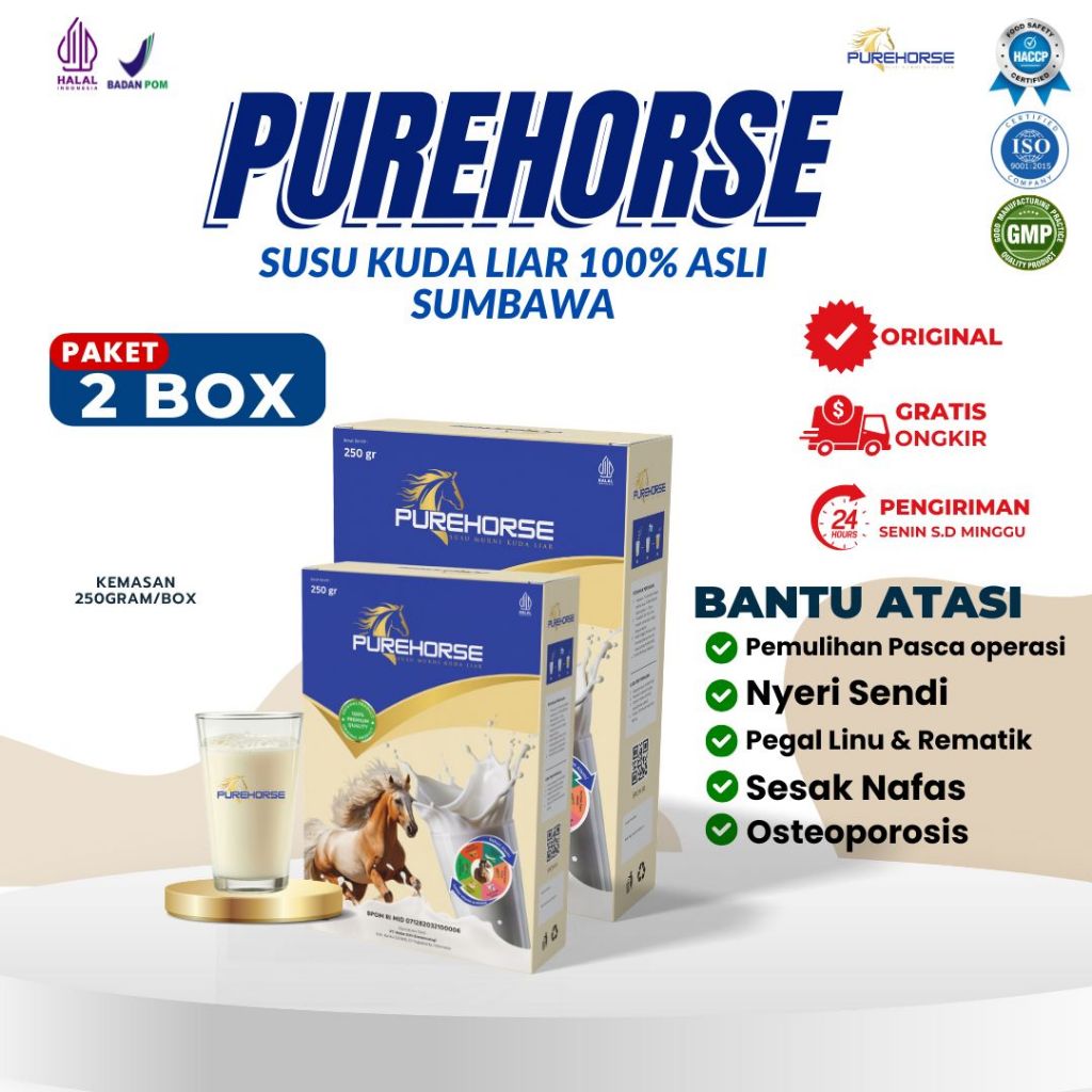 

(Kemasan box) Susu Kuda Pure Horse 100% Asli dari Padang Rumput Sumbawa Cepat Atasi Ashma, Batuk, Pegal Linu dan Rematik Kemasan Paket 2 Box