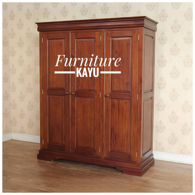 almari pakaian 3 pintu minimalis kayu jati, lemari pakaian kayu jati