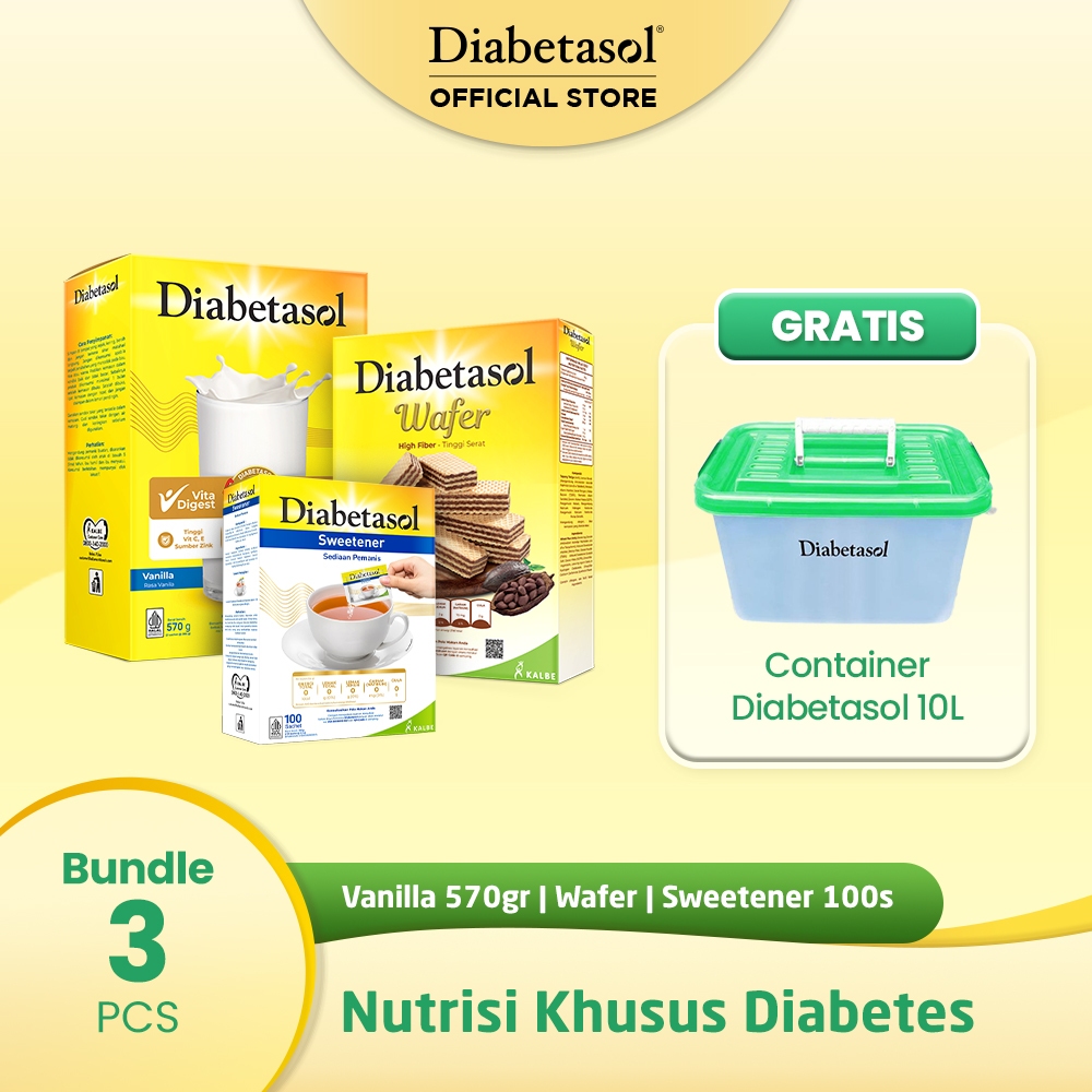 

Diabetasol Vanilla 570g + Diabetasol Wafer Chocolate 2x50g + Diabetasol Sweetener No Calories 100x1.5g Free Container 10L