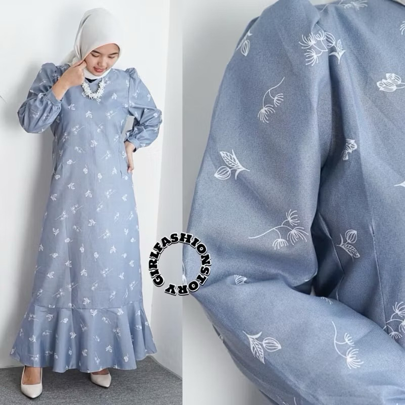 PRILTHISWAY - GAMIS DRESS GREY BLUE MOTIF BUNGA TULIP KOREAN STYLE LOOK