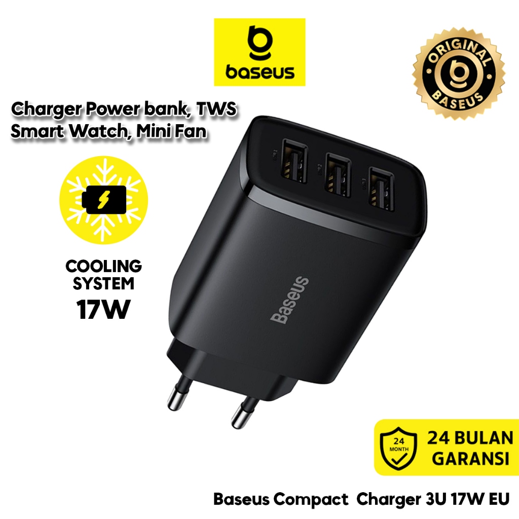 Baseus Charger 3U 17W EU Compact Charger TWS Kipas Mini Powerbank Acc HP Watt Kecil