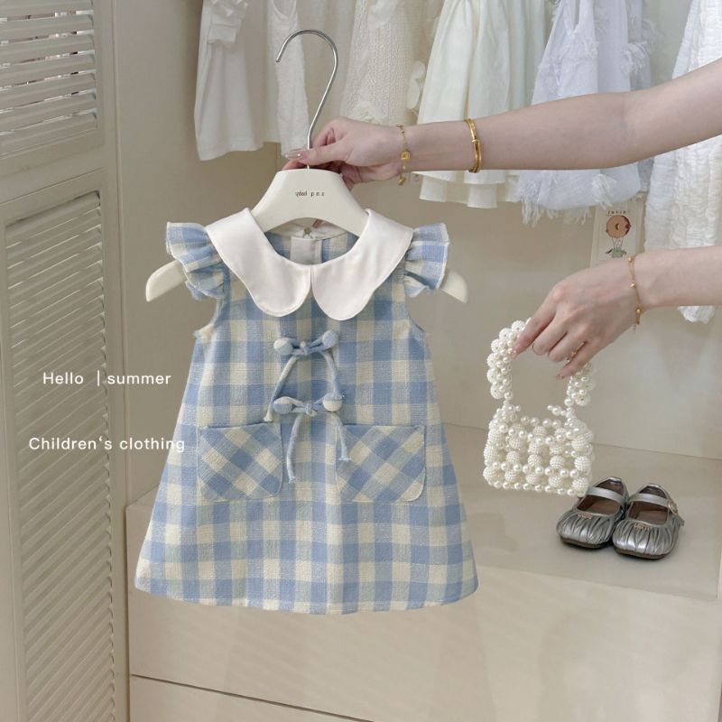 Baju Dress Anak Balita 1-5 Tahun Warna Biru Putih Gingham Ala Korean Style