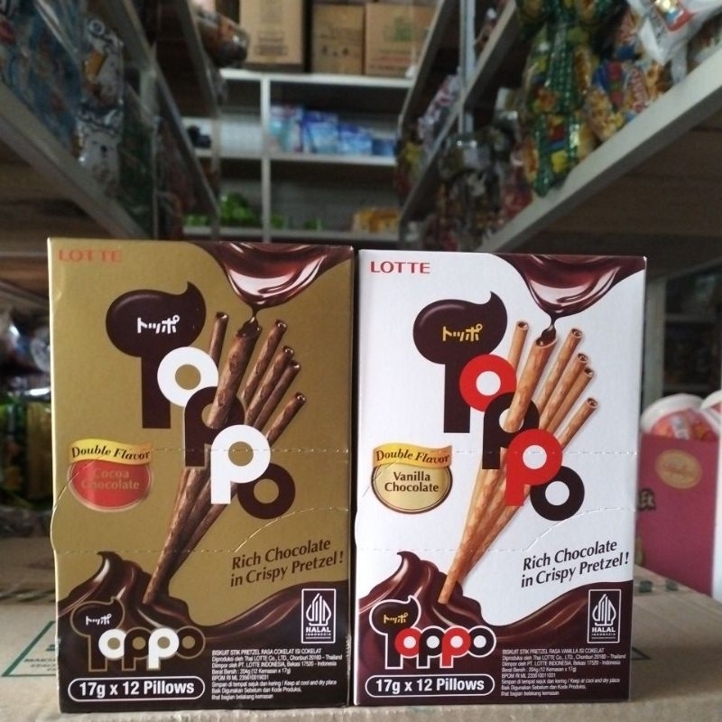 

Toppo rich chocolate in crispy pretzel double flavor rasa cocoa chocolate dan vanilla chocolate, makanan ringan murah 2000 ringkas di kantong dan ekonomi bisa dikonsumsi semua kalangan enak double flavor coklat seperti pocky makanan sachet 2000