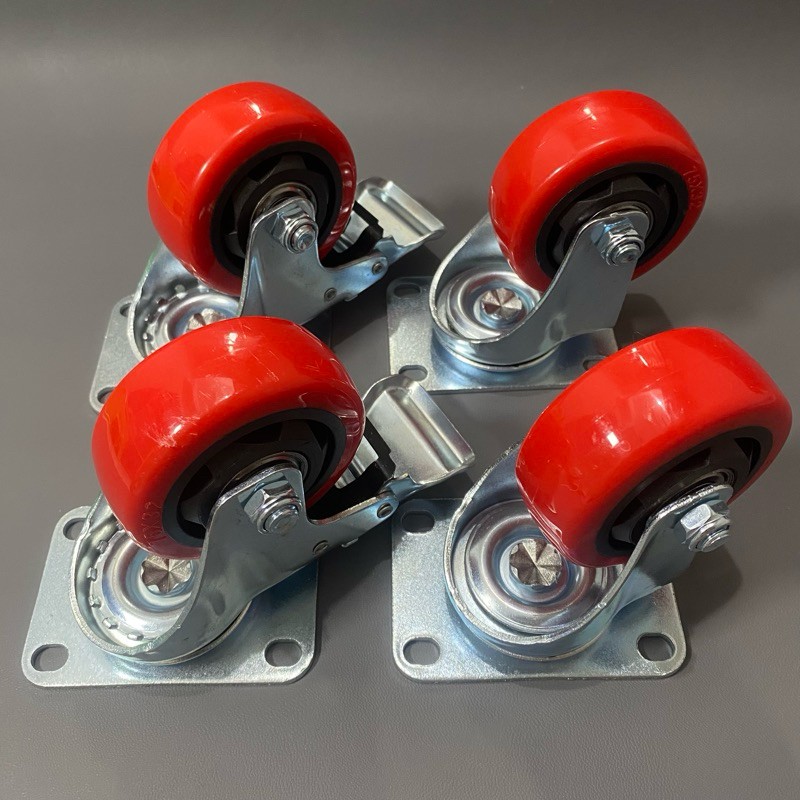 roda PU etalase 3 inch warna merah 1set ( 2 roda hidup 2 roda rem 2 mati )