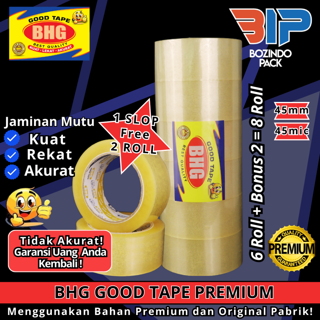 

Lakban OPP BHG Good Tape Premium 45mm Lakban Bening Kuning Coklat 45 Mic Beli 1 Slop Dapat 8 !!