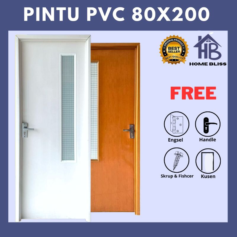 Pintu Kamar Mandi PVC kaca buram handle engkol minimalis ukuran 80x200
