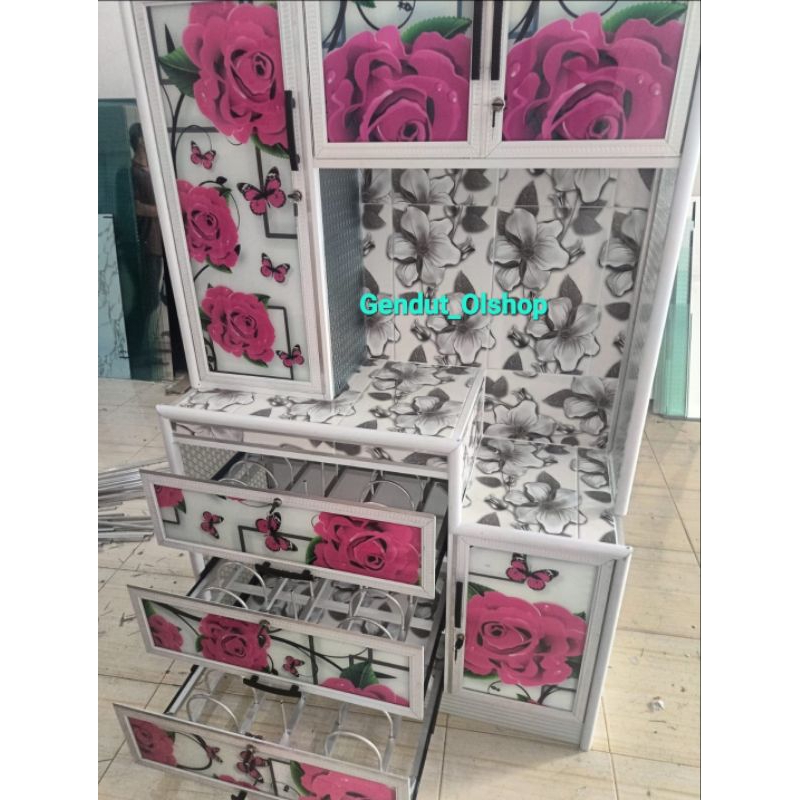 (Khusus Wilayah Kota Palembang) Lemari Dapur Laci Rel, Lemari Piring Laci Rel, Rak Piring Kaca Print