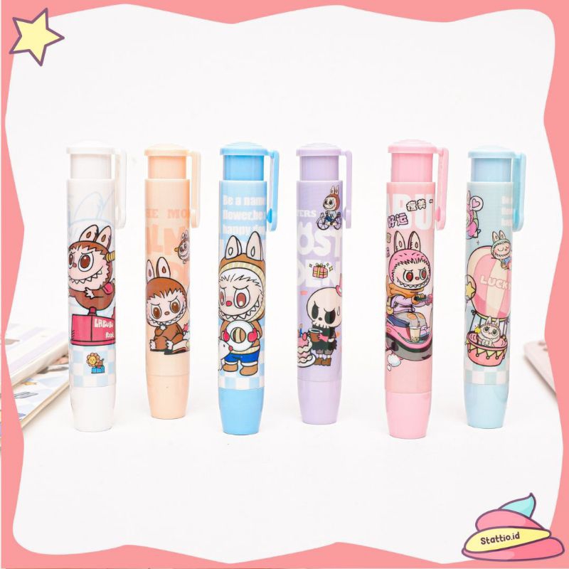 

Penghapus Cetek Depressible Labubu Warna Pastel Ungu Pink Mint Kuning / Alat Hapus Setip Sekolah