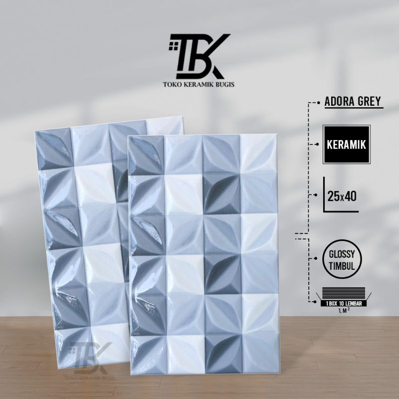 Keramik Dinding Glossy Timbul Adora Grey 25x40
