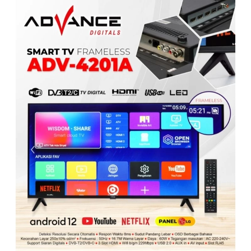 (Packing Kayu) Advance Android TV LED ADV-4201A 42 Inch Smart TV Digital Frameless TV LED Digital AD