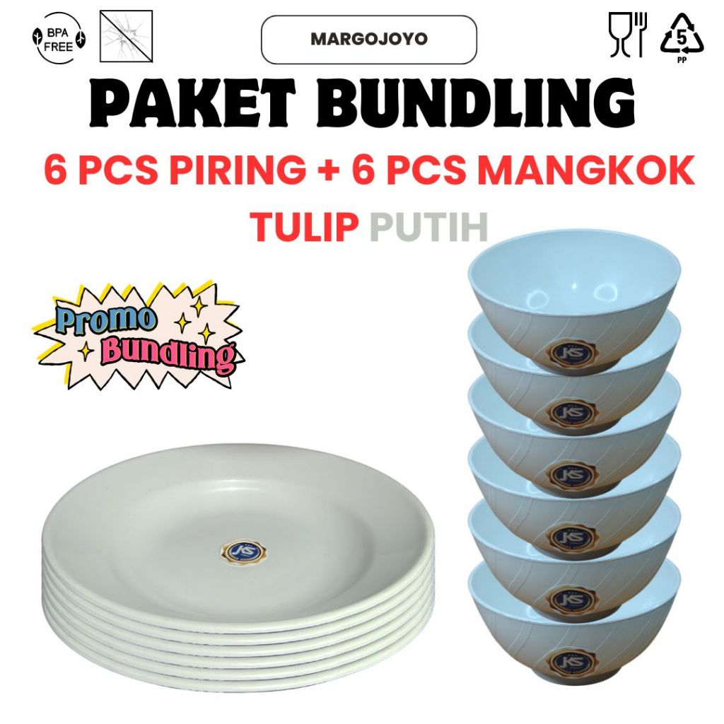PAKET BUNDLING ISI 12 PCS(1LUSIN) 6PCS PIRING PLASTIK JKS PUTIH+6PCS MANGKOK TULIP PUTIH
