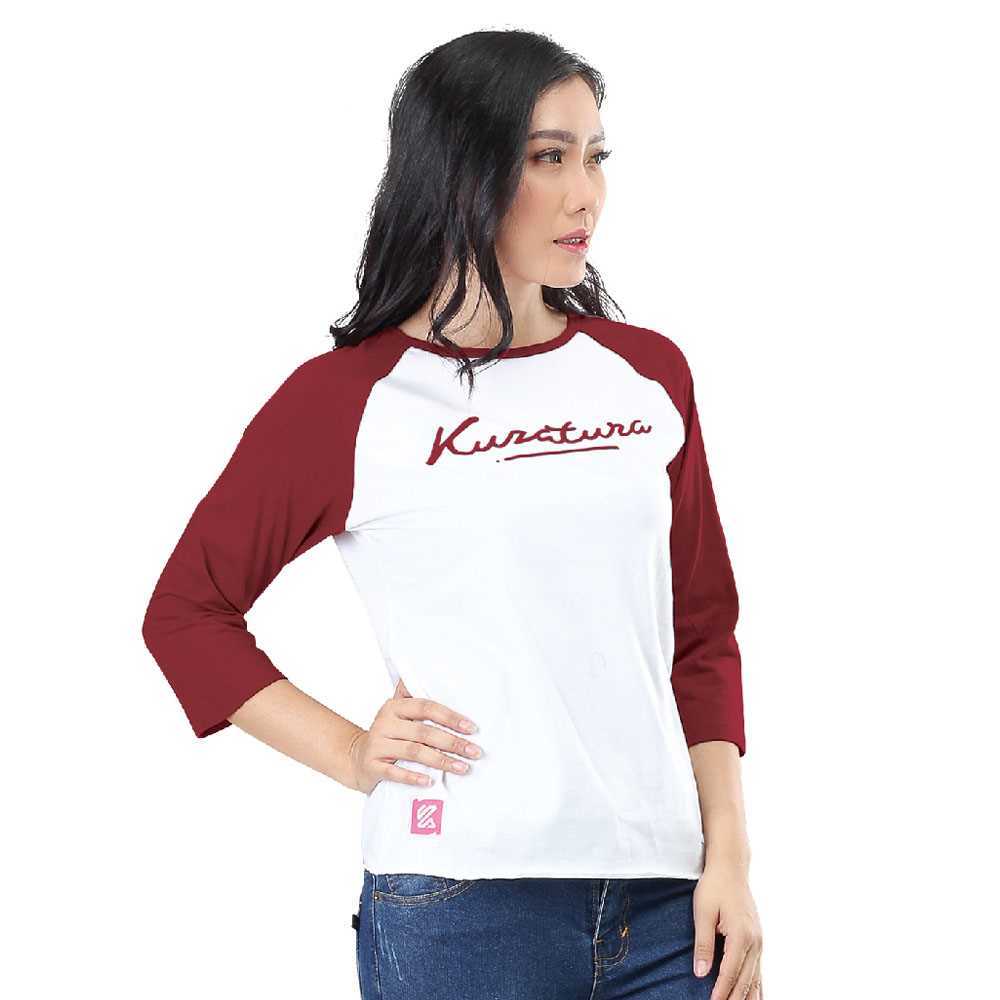Kaos Raglan Wanita Putih Merah Cotton Combed Premium Atasan Cewek Casual Trendy - KZR 313