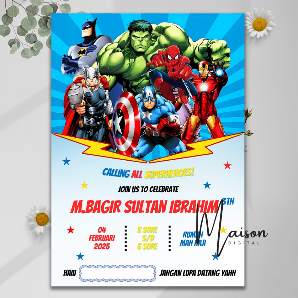 20 Pcs Undangan Ulang Tahun Marvel + Plastik OPP - Ultah Captain Amerika Hulk Iron Man Batman