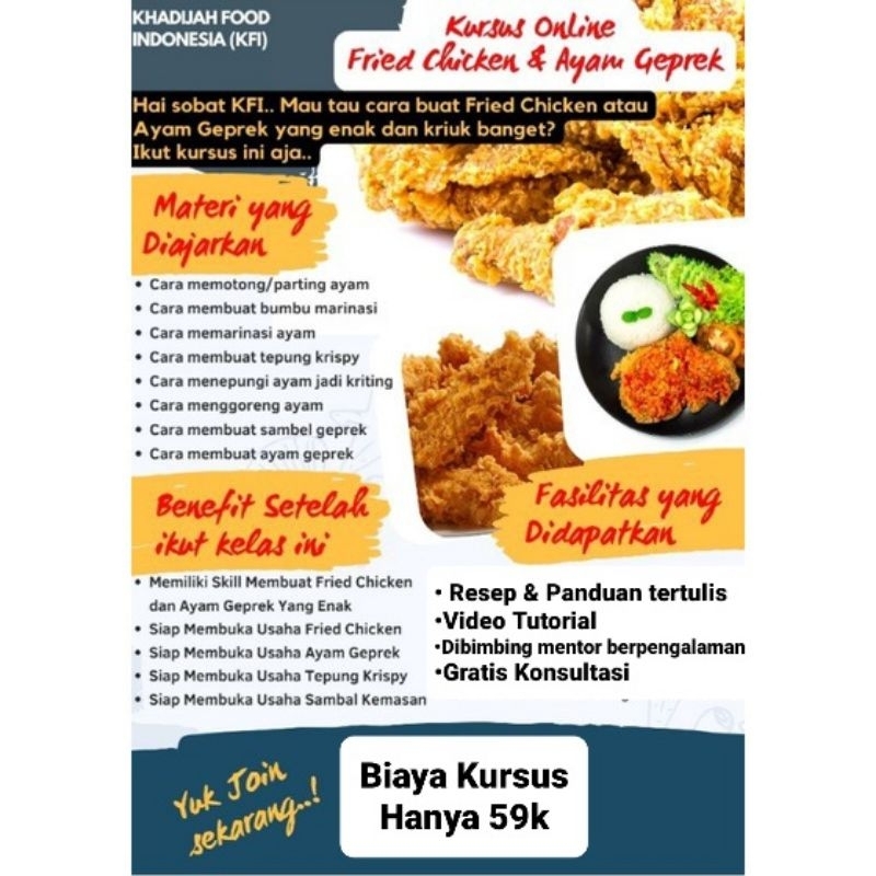 

Paket resep lengkap kursus online Fried Chicken/ayam geprek
