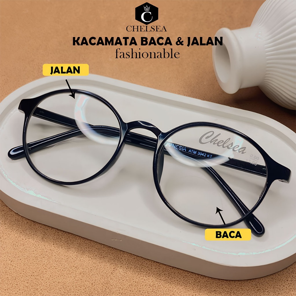 Kacamata Bulat Pria dan Wanita Kacamata Double Fungsi Baca / Plus dan Jalan Frame Optik TR-90 Kacama