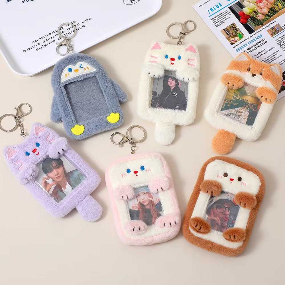 Photocard Holder Keychain Animal Cute Gantungan PC Card Holder Boneka Bulu Kpop