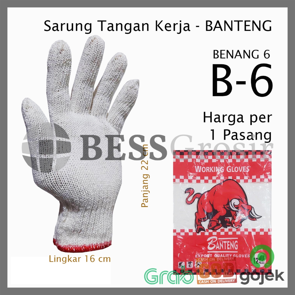 [1/3/6 Pasang] Sarung Tangan Kerja Benang 6 BANTENG Safety Gloves Putih Rajut W874 B6