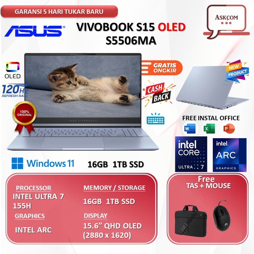 Laptop ASUS Vivobook S15 OLED S5506MA – Ultra 7 155H | 16GB | 1TB | 15.6" 3K 120Hz | Windows 11