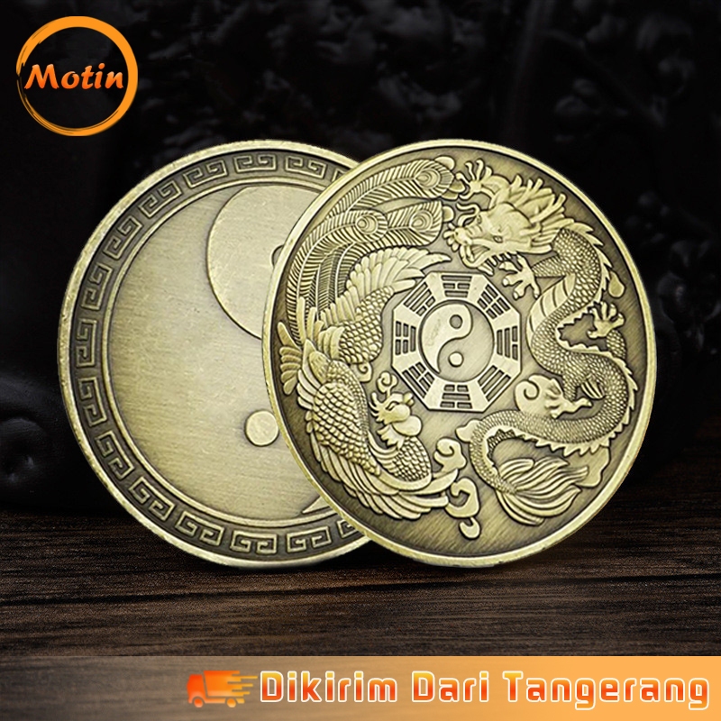 Koin Kuno Naga Dynasty Fengshui Coin Cina 4cm Dragon and Phoenix Koin